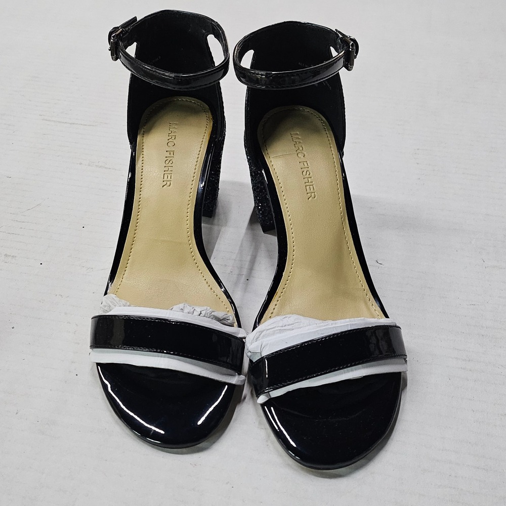 Marc Fisher Safia Black Patent Glitter Block Heel Sandals‎ 6M MFSAFIA